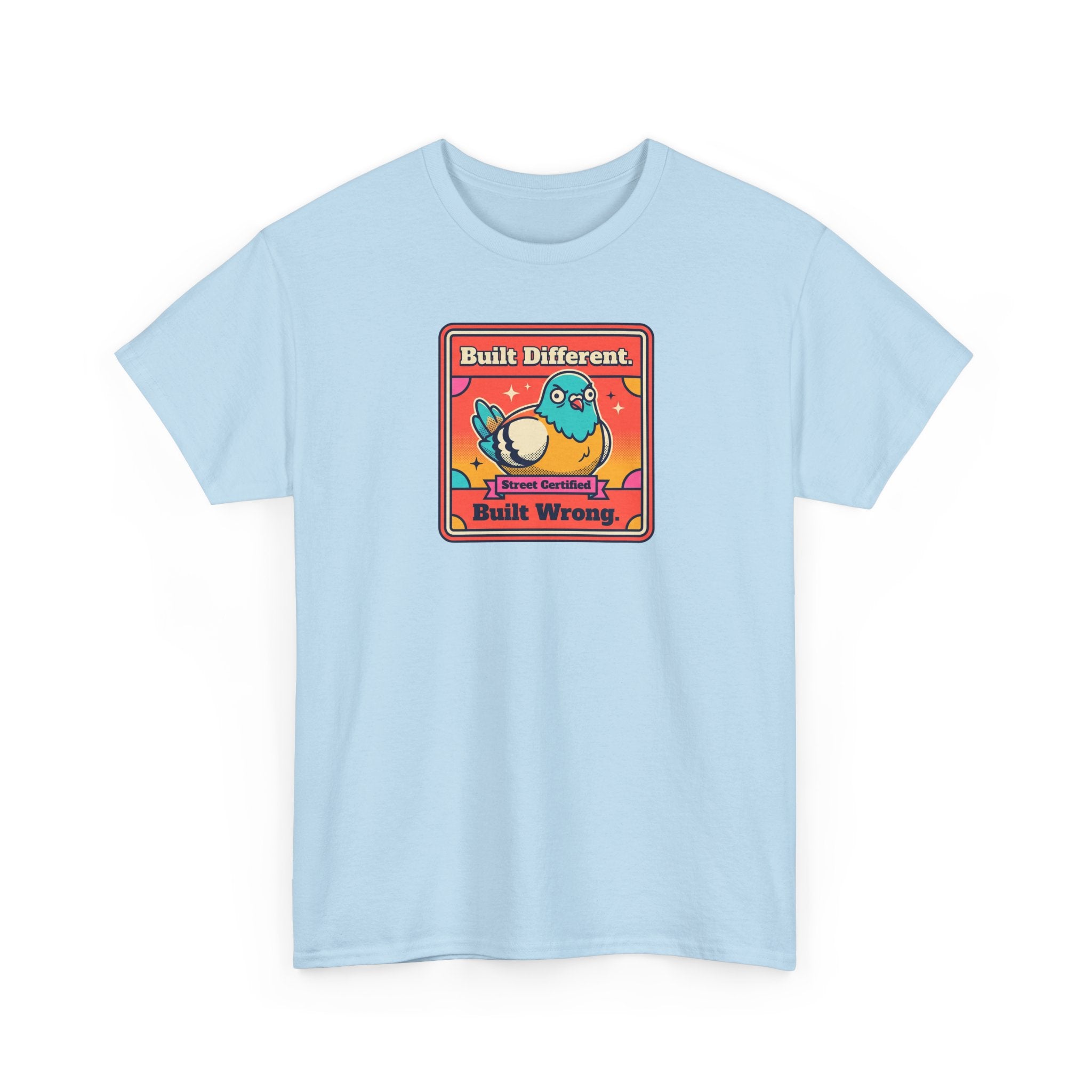 Light blue T-shirt with framed cartoon bird graphic on the chest