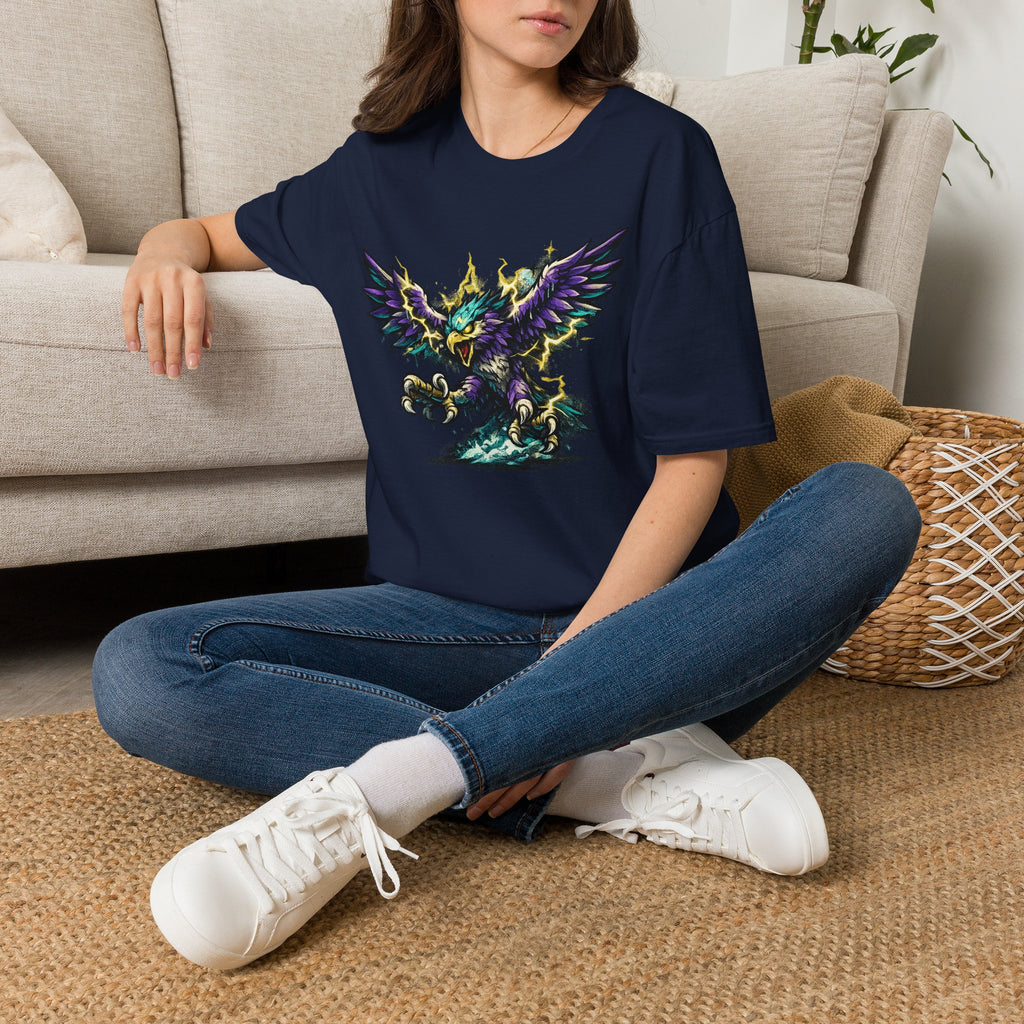 Navy crew-neck T-shirt with colorful lightning bird graphic on the chest