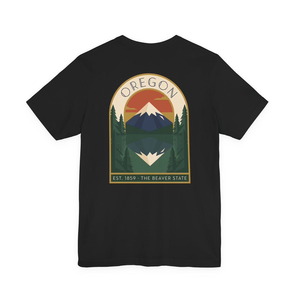 Black crewneck T-shirt with large centered Oregon graphic print