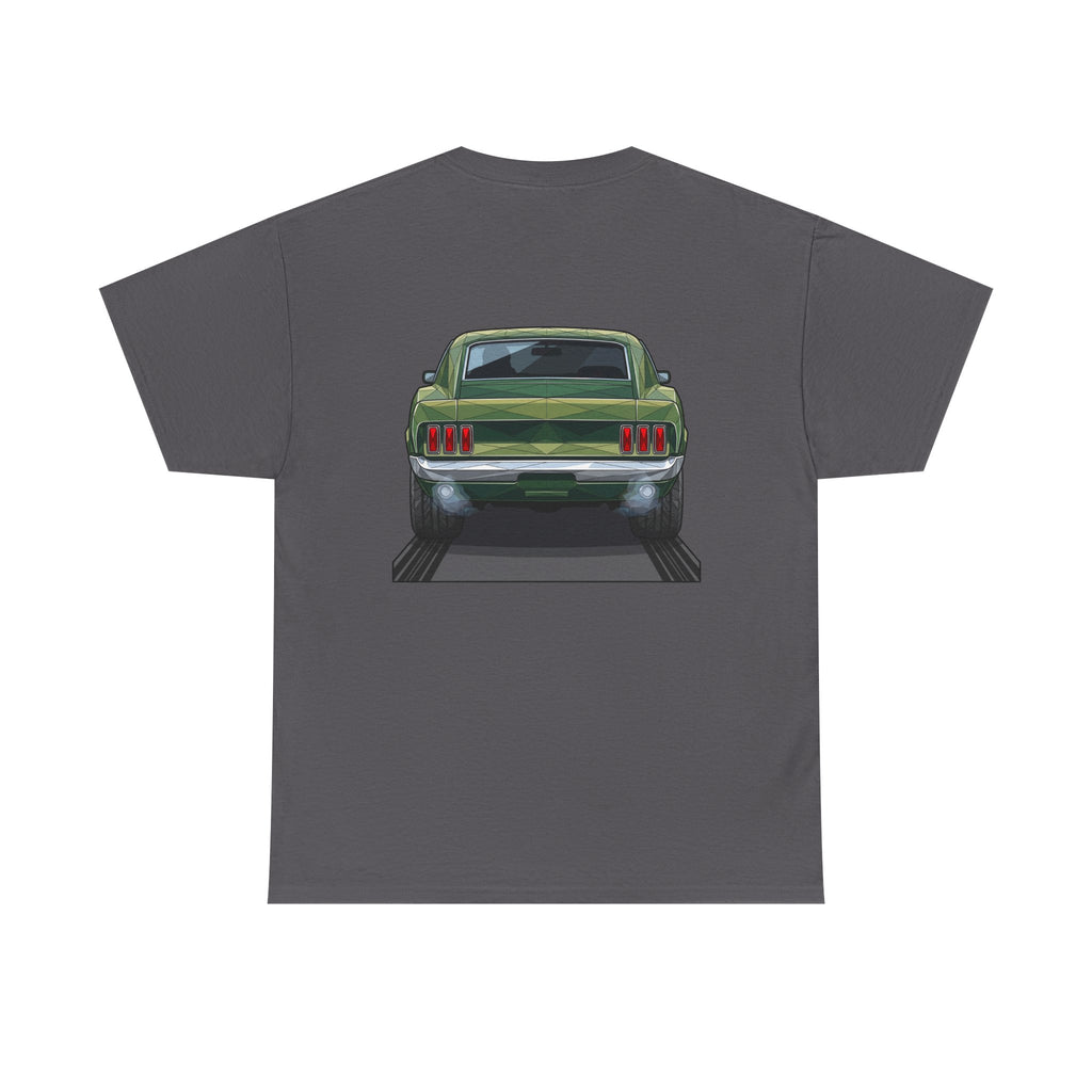 Charcoal T-shirt with vintage green muscle car front graphic centered