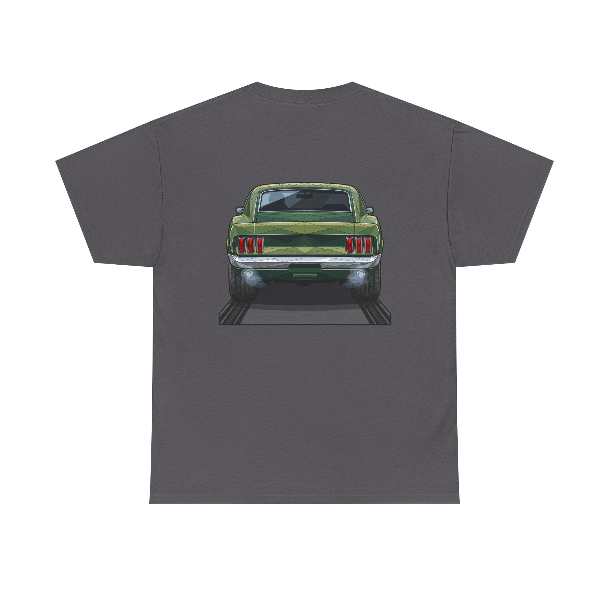 Charcoal T-shirt with vintage green muscle car front graphic centered