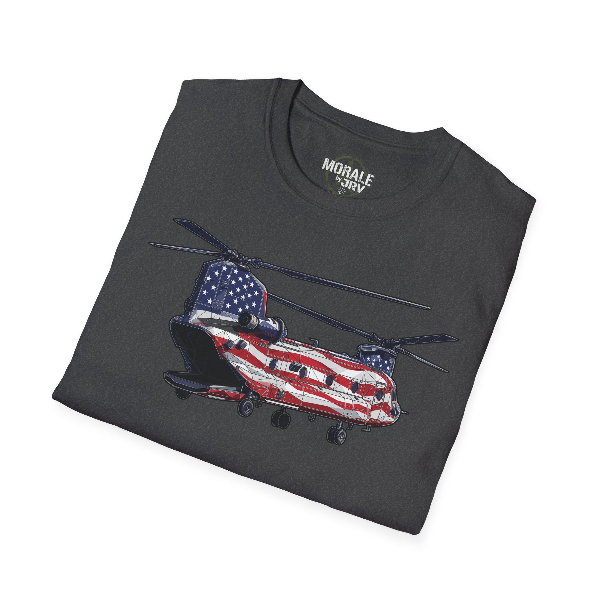 T-Shirt dunkelgrau mit Hubschrauber- und US-Flaggen-Grafik, Vorderansicht