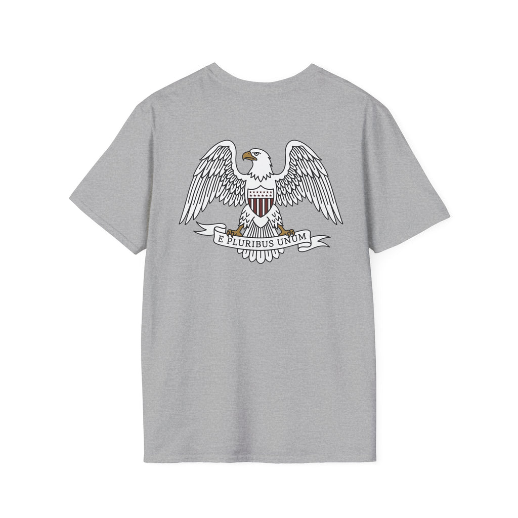 Sport grey t-shirt with front bald eagle crest graphic and “E PLURIBUS UNUM” banner