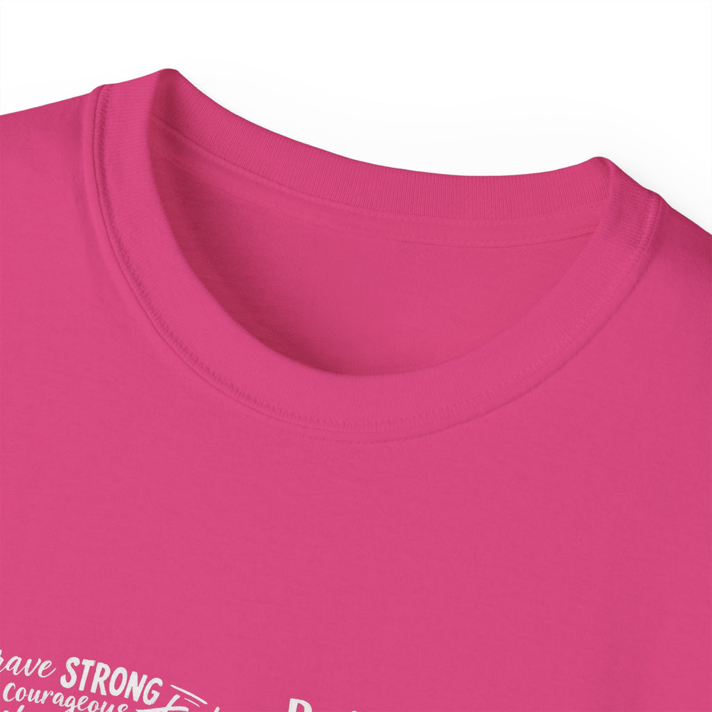 Life word cloud tee in fuchsia/pink, close-up of crew neck and partial motivational text