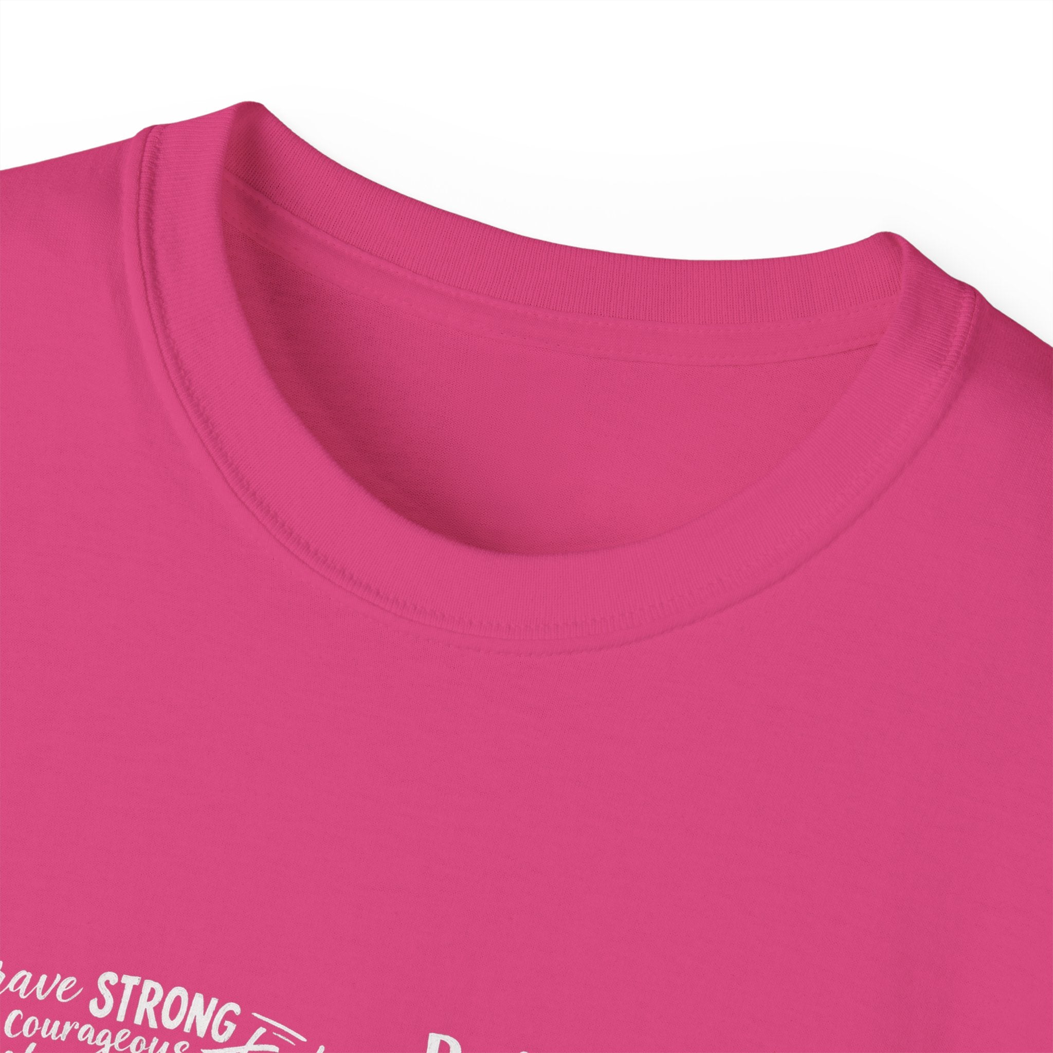 Life word cloud tee in fuchsia/pink, close-up of crew neck and partial motivational text