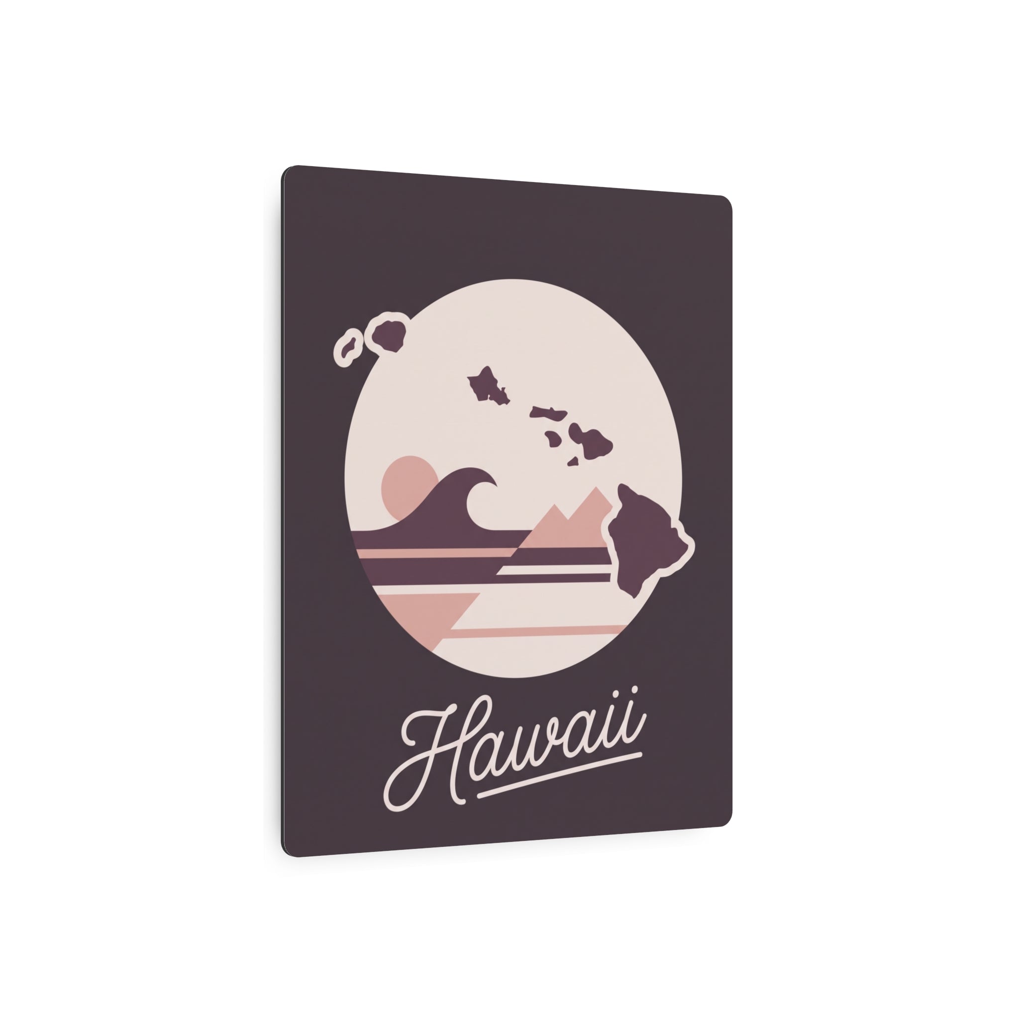 Hawaii state silhouette metal wall art with circular wave design and script 'Hawaii'