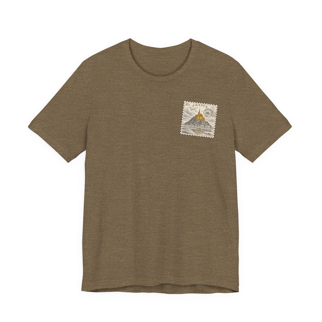 Olive brown T-shirt with small vintage postage stamp graphic on left chest.