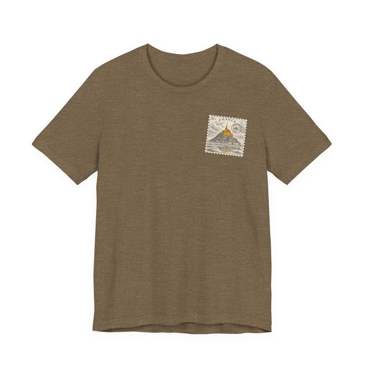 Olive brown T-shirt with small vintage postage stamp graphic on left chest.