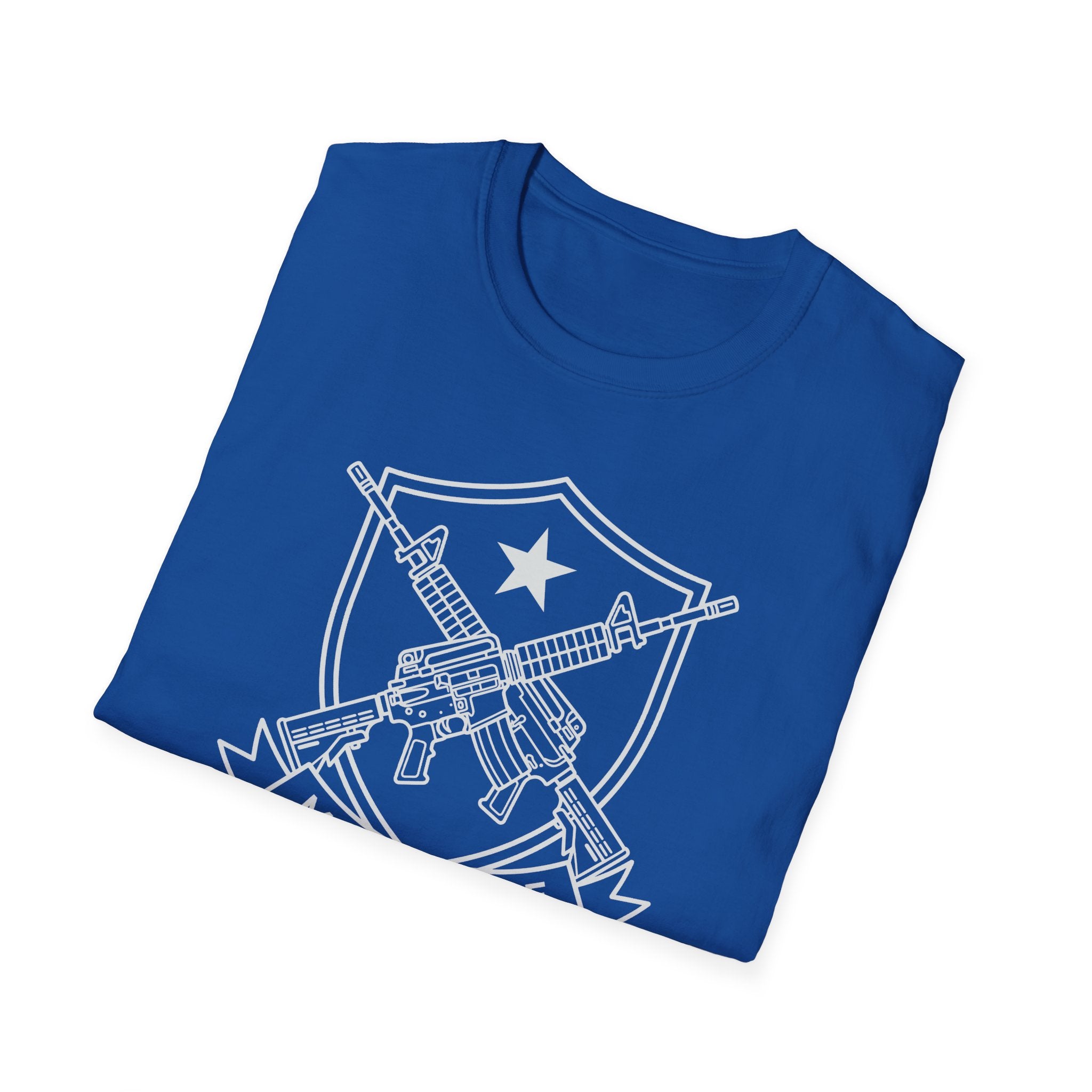 Graphic T-shirt in royal blue with crossed-rifles shield chest print in white outline.