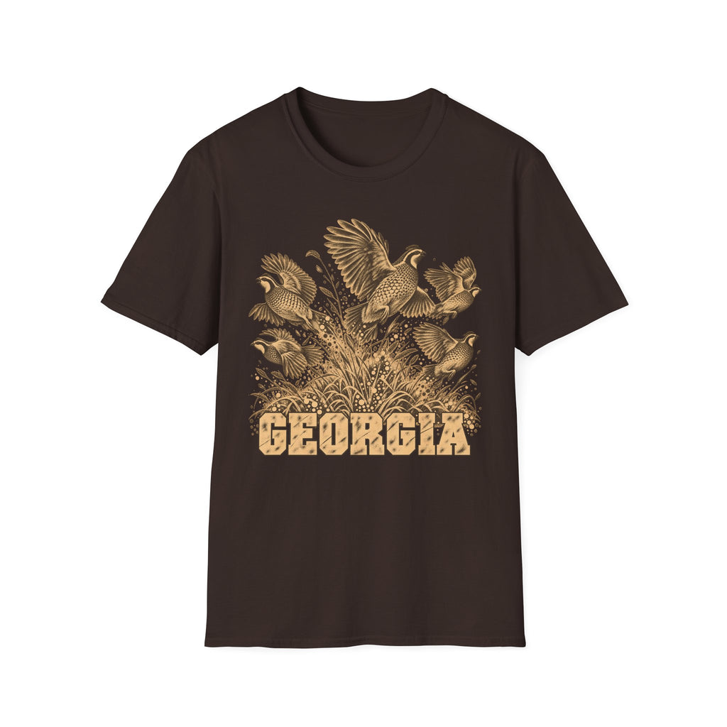 Dark chocolate crew-neck t-shirt with tall-grass bird graphic and GEORGIA text