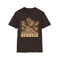 Dark chocolate crew-neck t-shirt with tall-grass bird graphic and GEORGIA text