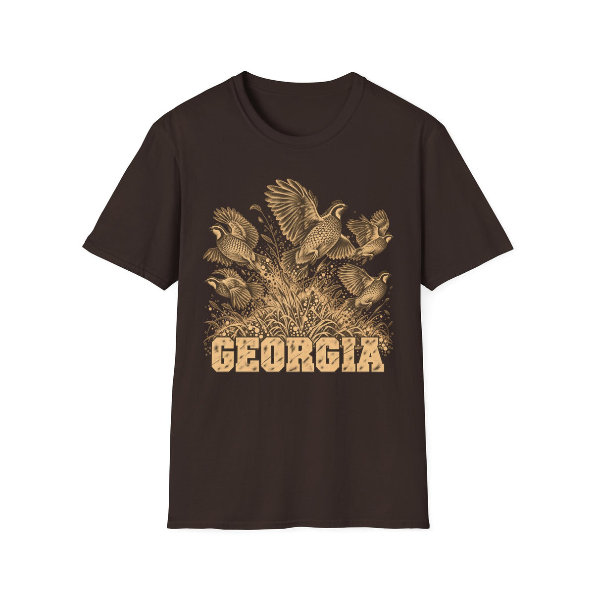 Dark chocolate crew-neck t-shirt with tall-grass bird graphic and GEORGIA text
