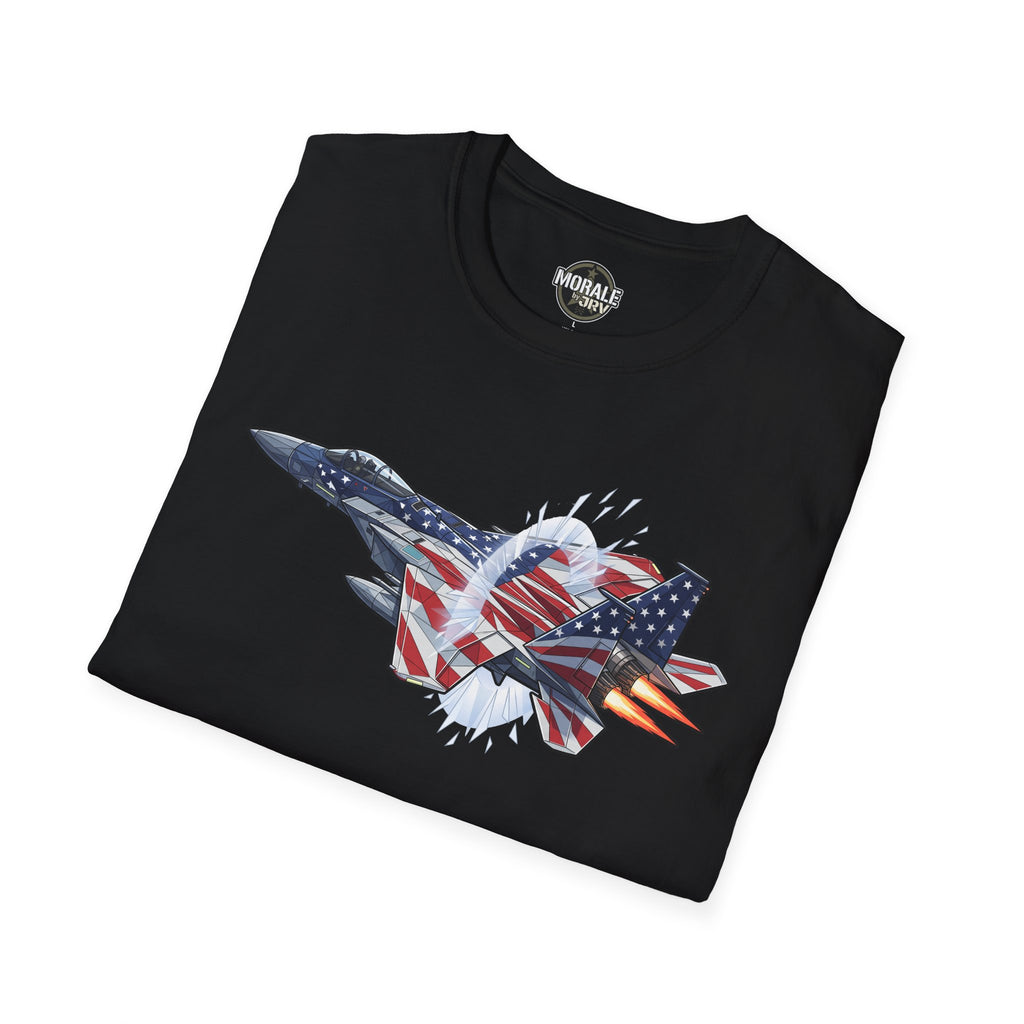American flag fighter jet T-shirt (black) with colorful jet graphic and star-spangled pattern
