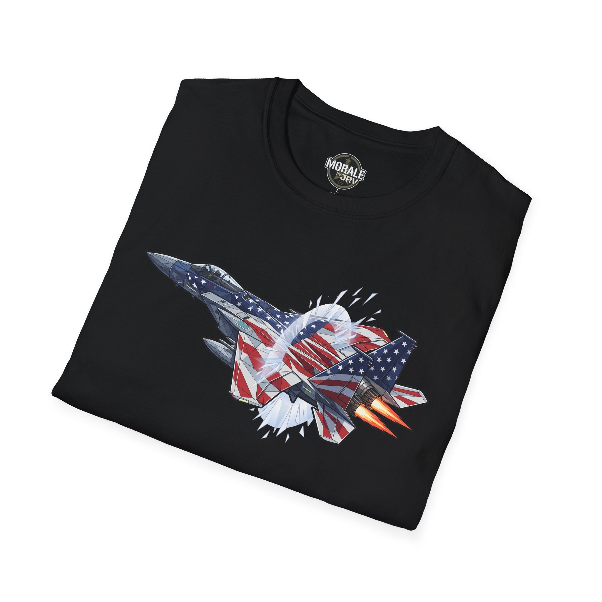 American flag fighter jet T-shirt (black) with colorful jet graphic and star-spangled pattern