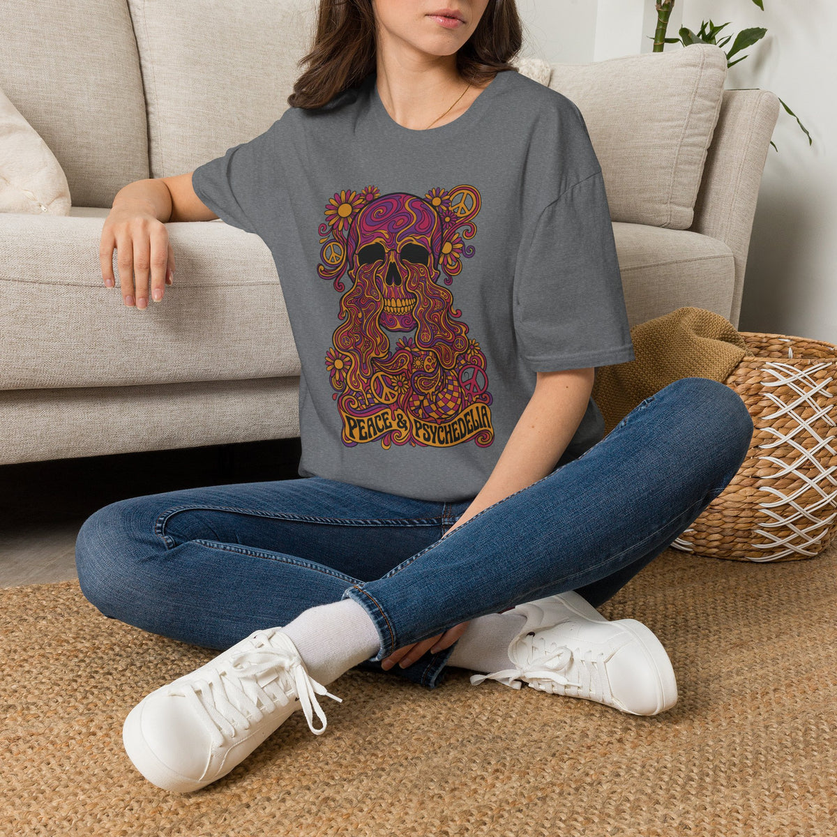 Charcoal gray T-shirt with colorful psychedelic skull and floral Peace & Psychedelia graphic