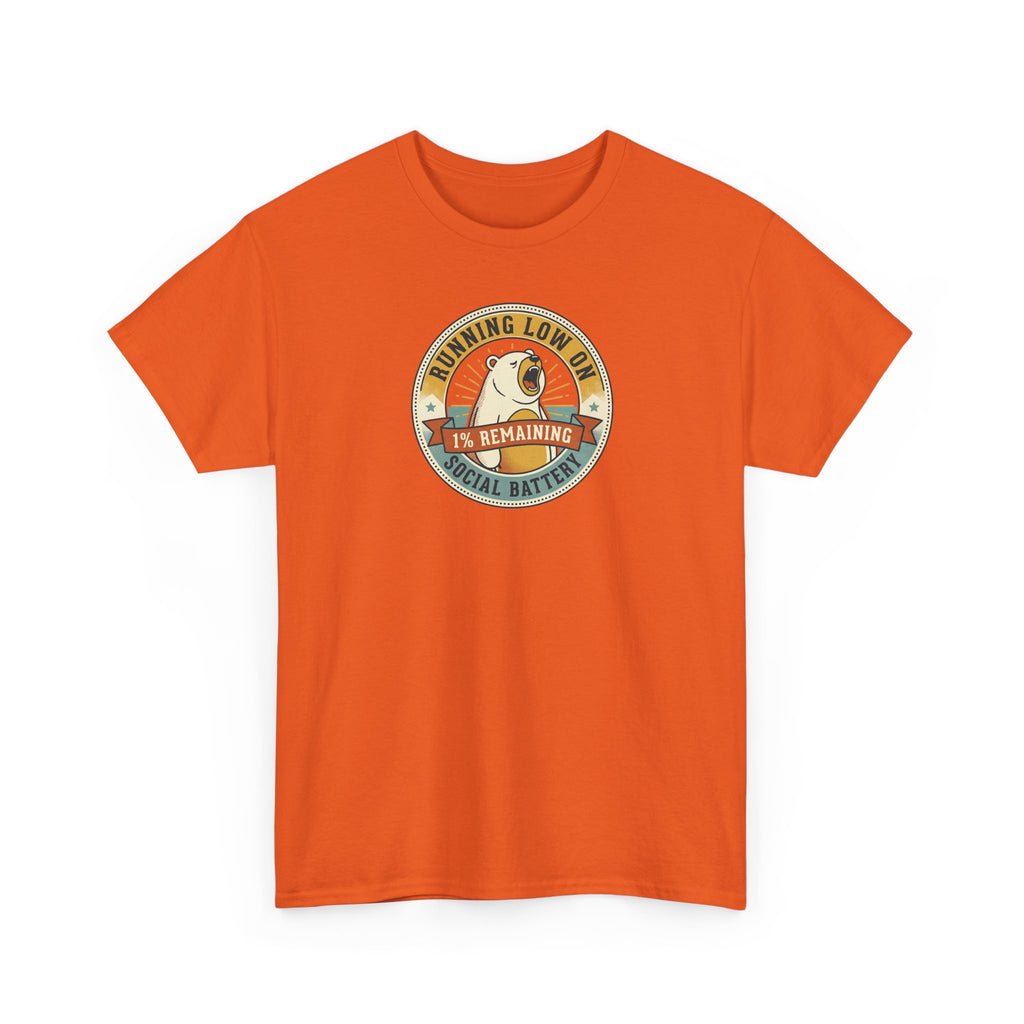 Orange crew-neck T-shirt with circular bear 'social battery' graphic