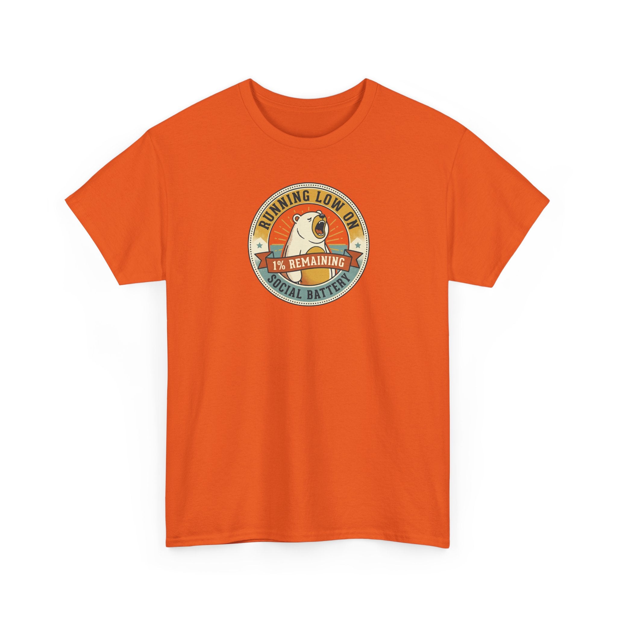 Orange crew-neck T-shirt with circular bear 'social battery' graphic