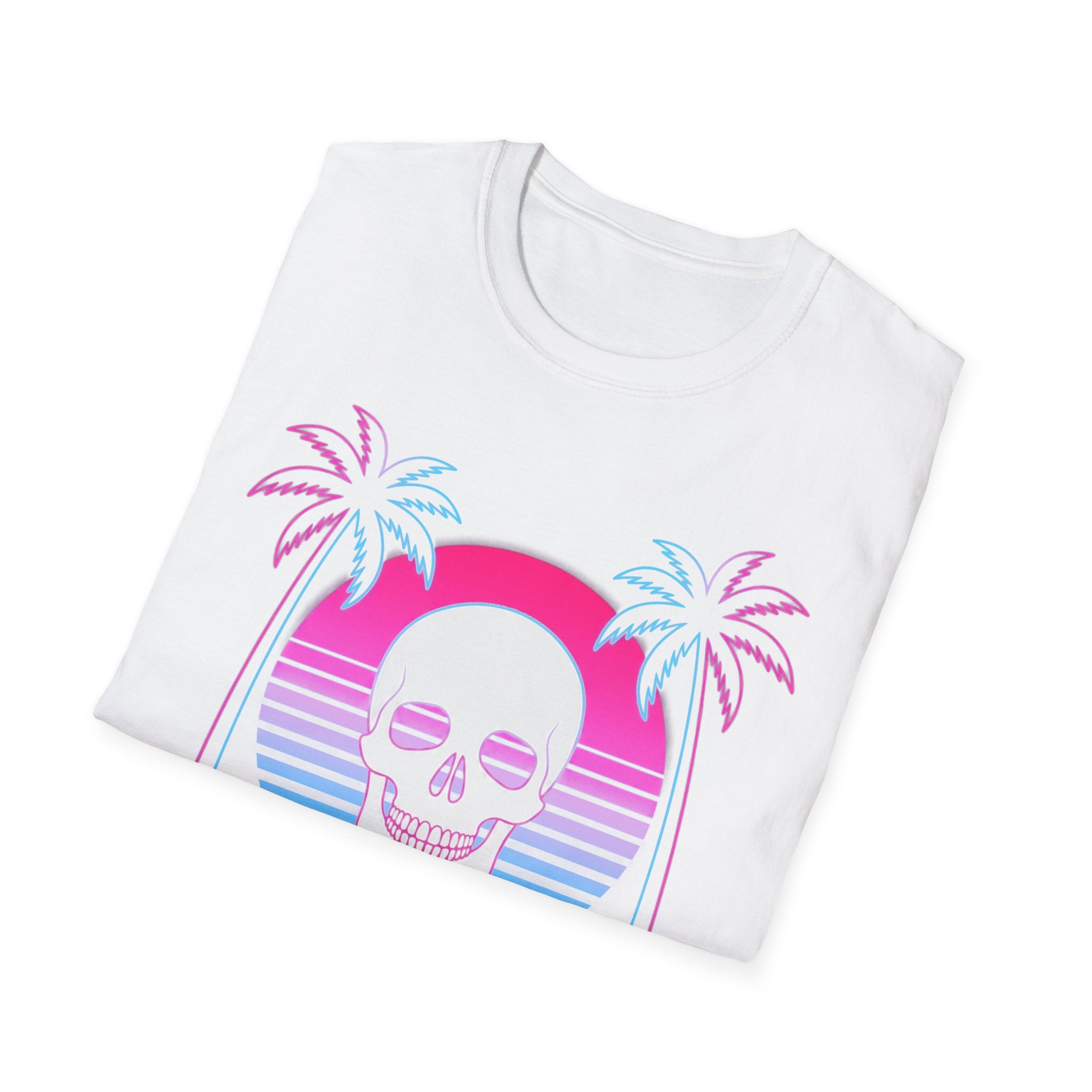 Vaporwave Skull Sunset T-Shirt in White with skull and palm sunset graphic
