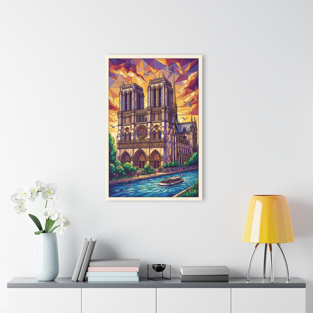 Notre-Dame geometric acrylic wall art on wall above modern console with lamp and books