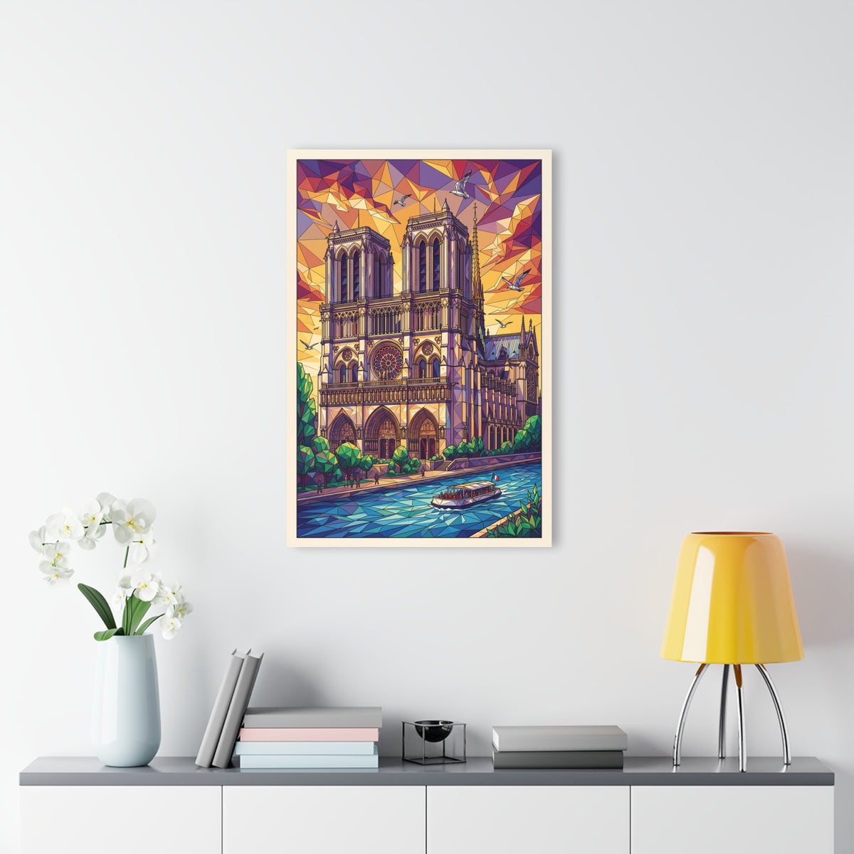 Notre-Dame geometric acrylic wall art on wall above modern console with lamp and books