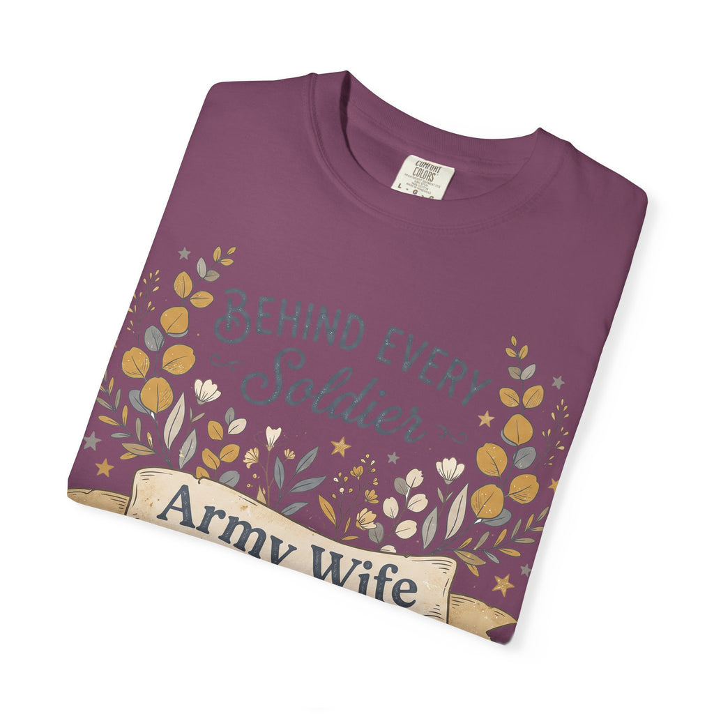 Purple T-shirt with floral wreath graphic and “Army Wife” banner