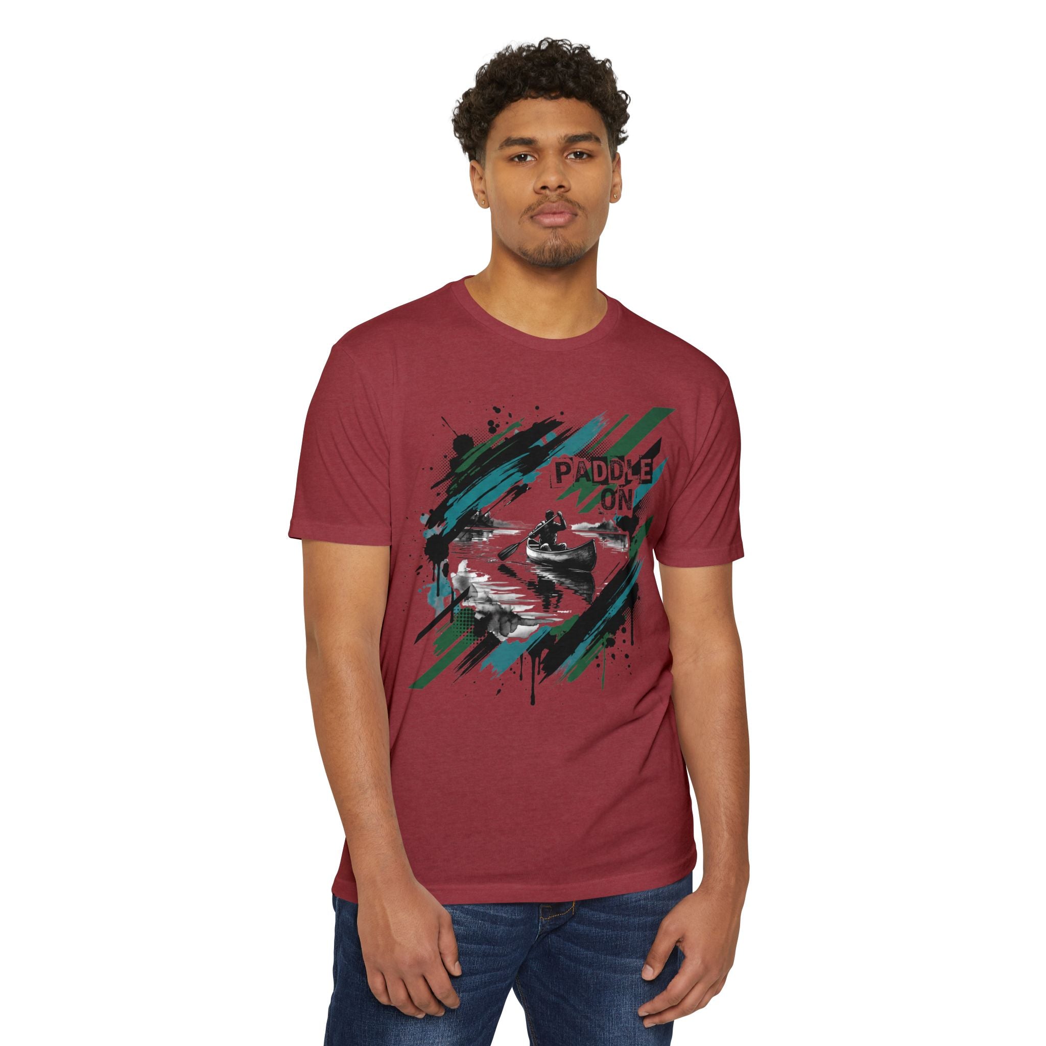 Maroon crew-neck T-shirt with kayak paddle graphic on front