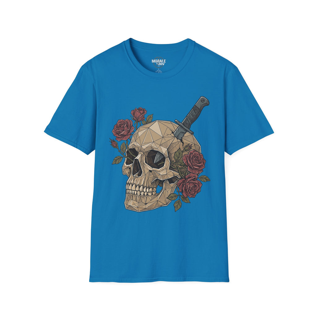 Blue graphic T-shirt with geometric skull, dagger and red roses bouquet print