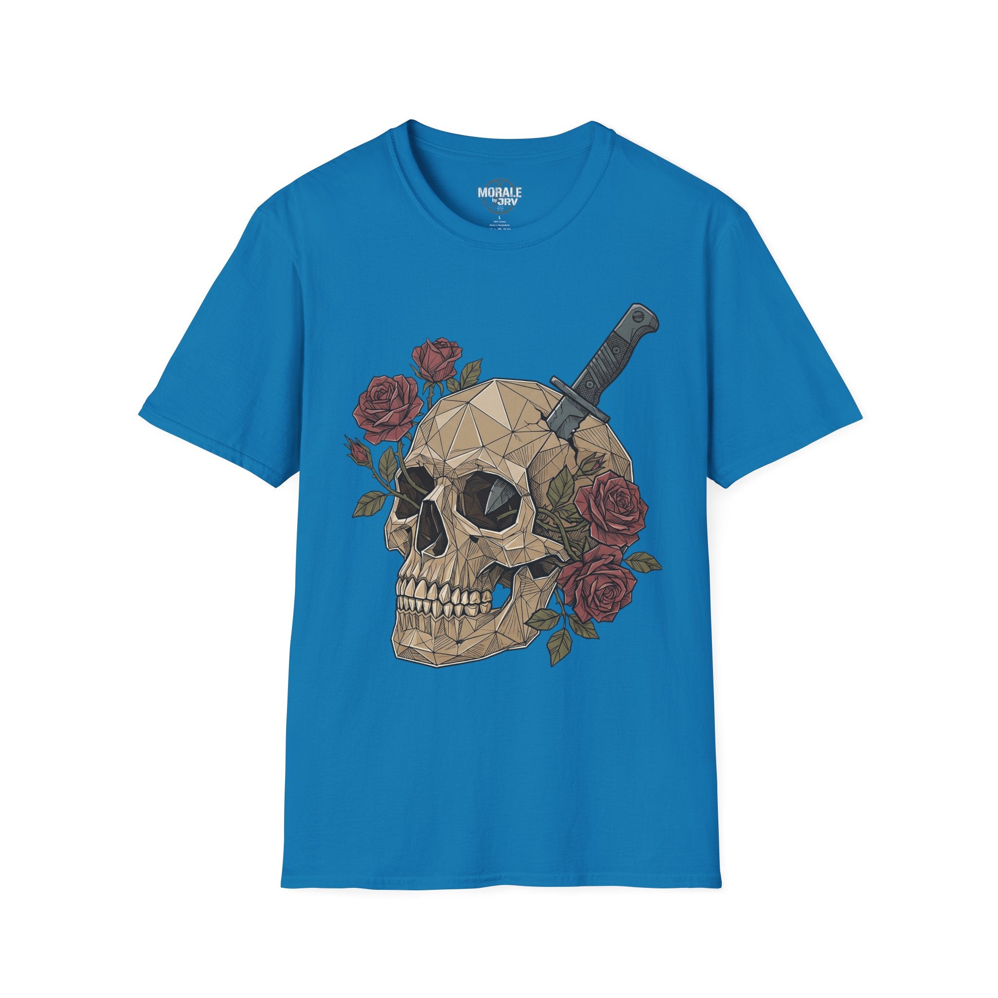 Blue graphic T-shirt with geometric skull, dagger and red roses bouquet print