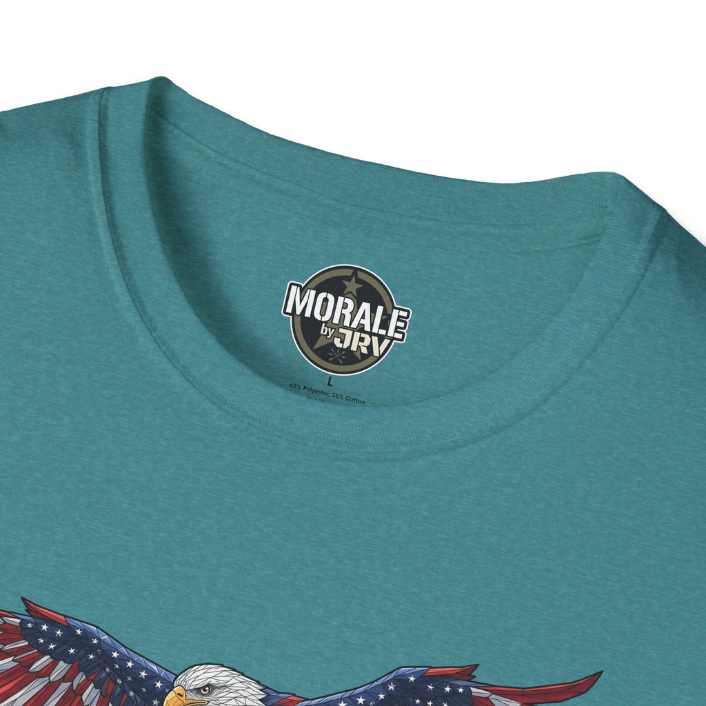 Teal crewneck T-shirt with small circular Morale by Oriv logo at the neckline