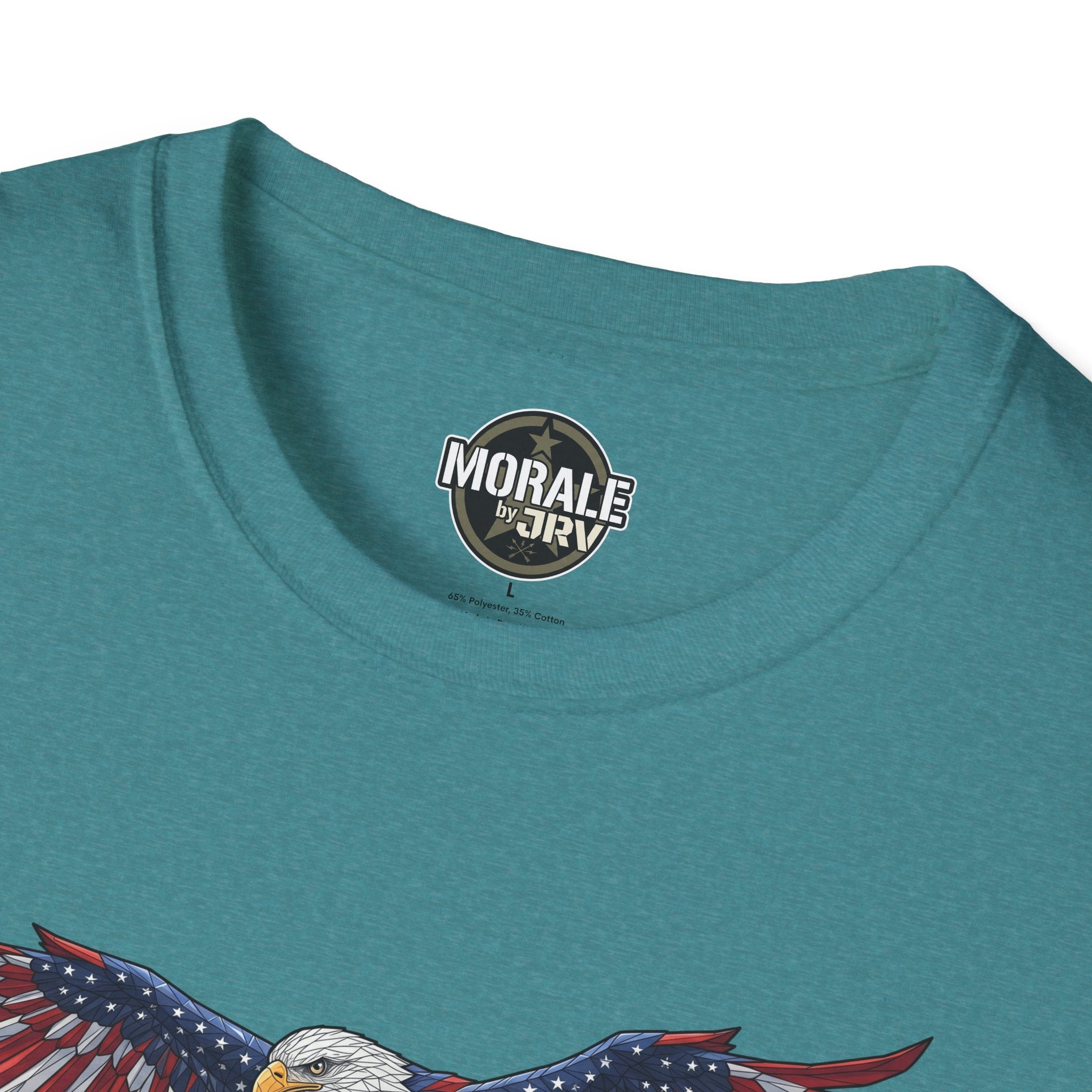 Teal crewneck T-shirt with small circular Morale by Oriv logo at the neckline