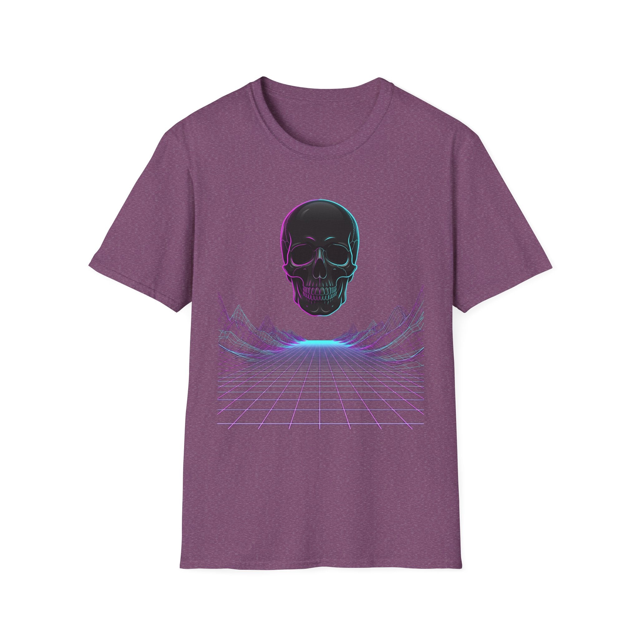Neon skull T-shirt, heather purple front with neon skull and neon grid lines