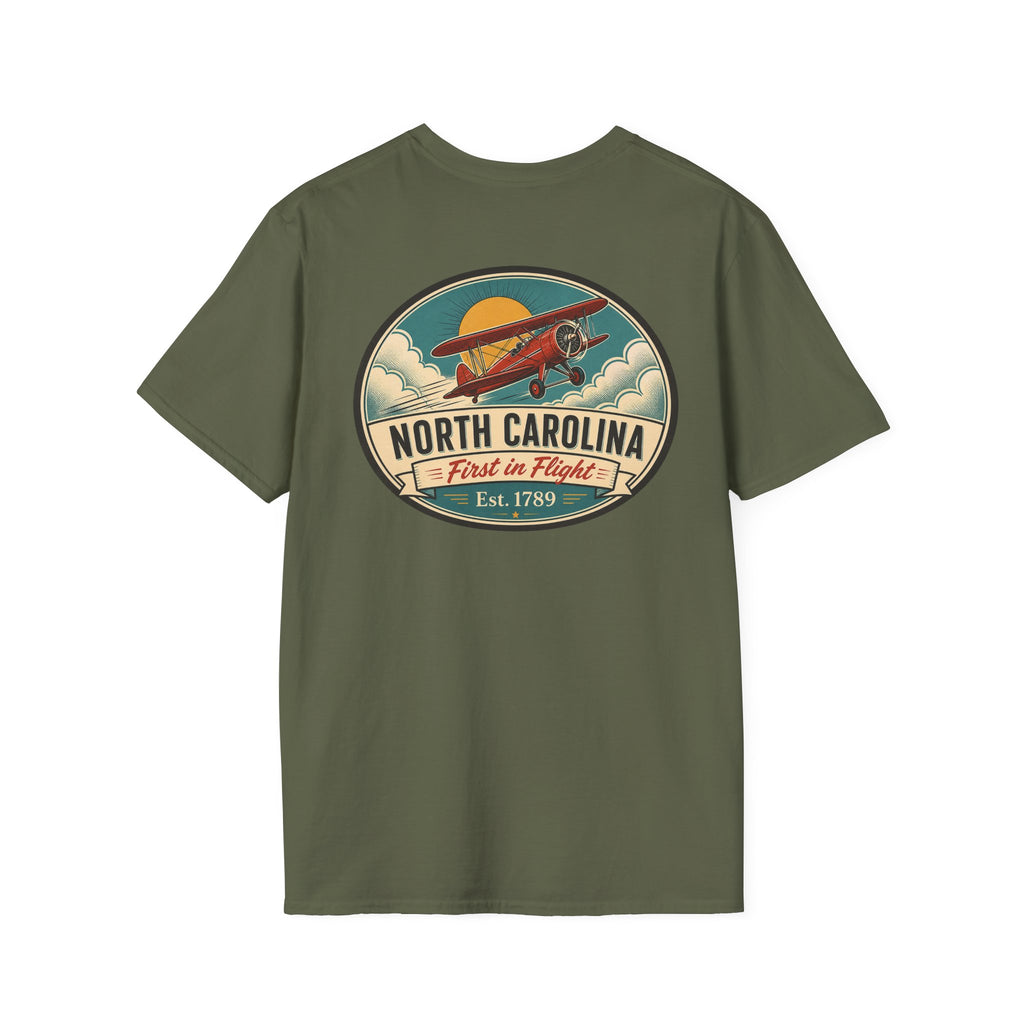 Olive green T-shirt with North Carolina biplane oval graphic, crewneck short sleeves