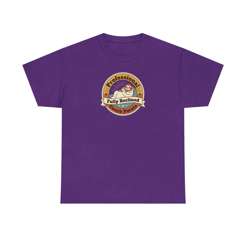 Purple T-shirt with circular sloth logo graphic on chest.