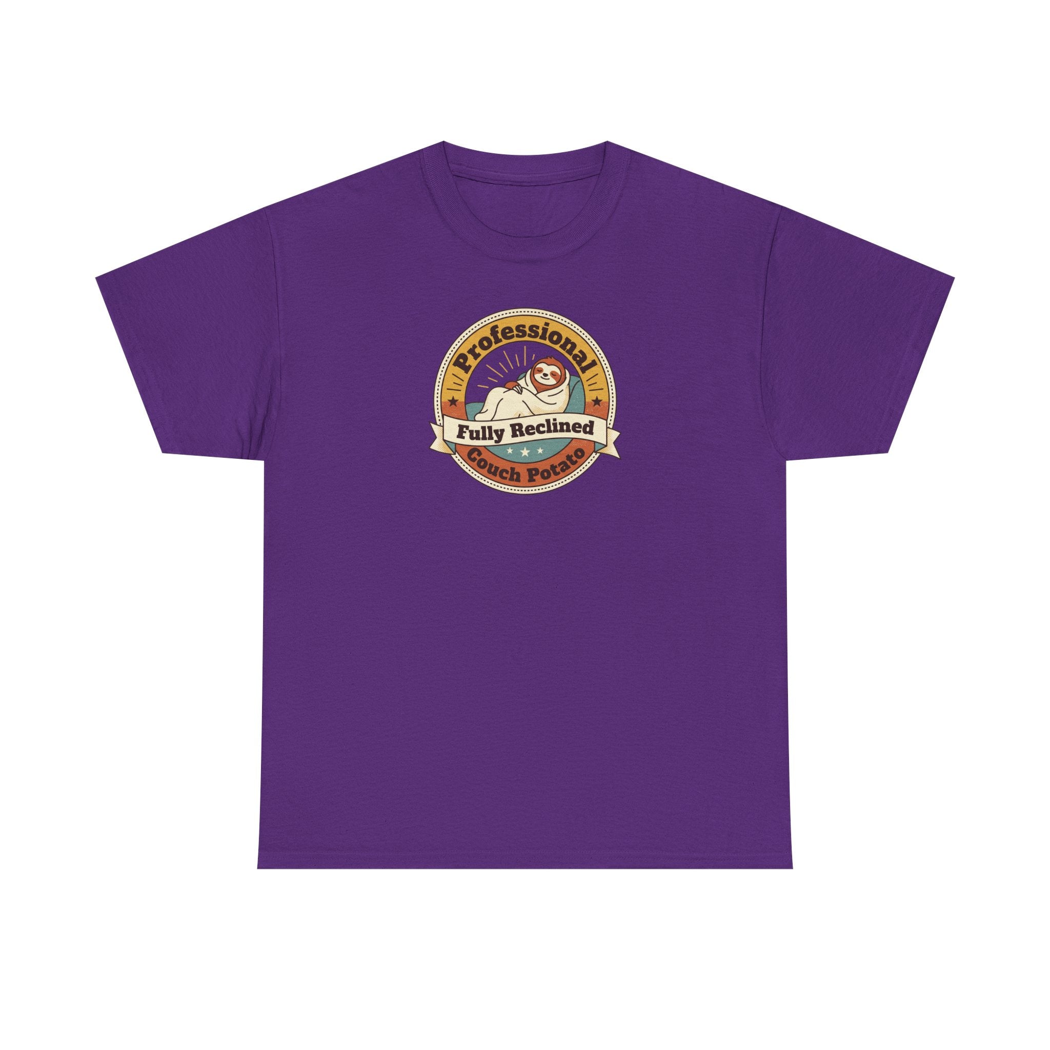 Purple T-shirt with circular sloth logo graphic on chest.