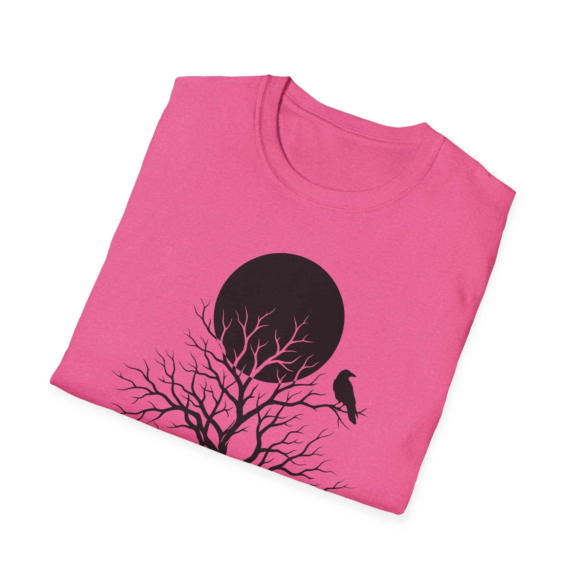 Heather Red T-shirt with moon tree and raven silhouette graphic