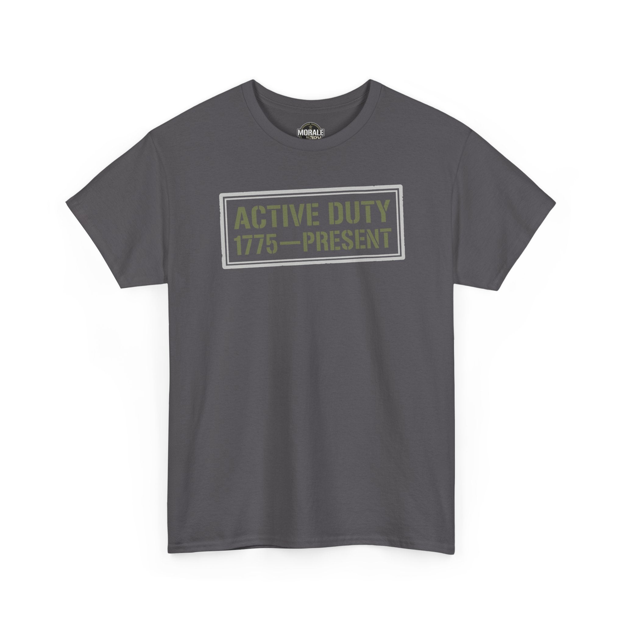 Charcoal crewneck T-shirt with "ACTIVE DUTY 1775—PRESENT" graphic on chest.