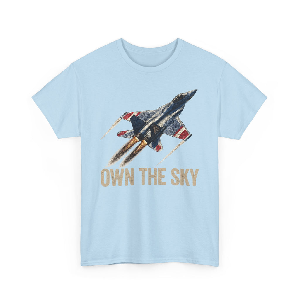 Light blue T-shirt with fighter jet graphic and "OWN THE SKY" text on front