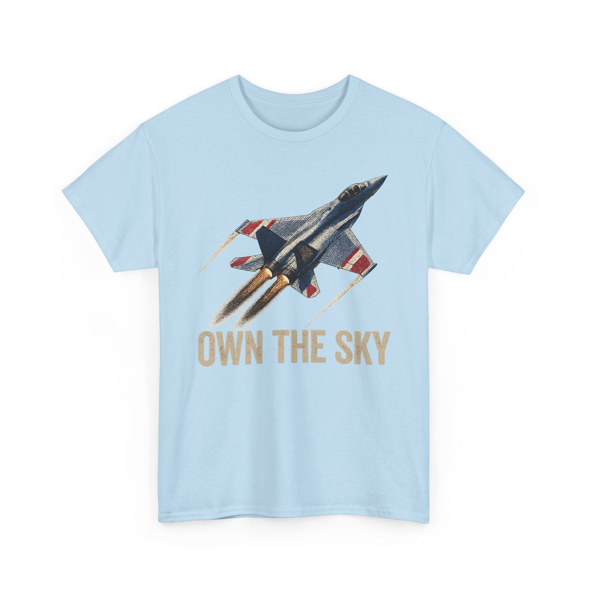 Light blue T-shirt with fighter jet graphic and "OWN THE SKY" text on front