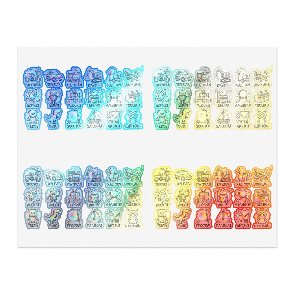 Holographic toy icon sticker sheet, die-cut rainbow labels with teddy and alien plush