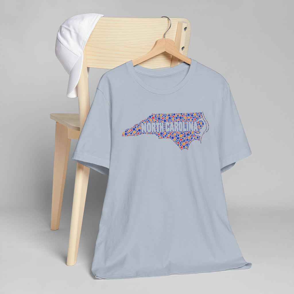 Light blue T-shirt with colorful North Carolina outline graphic