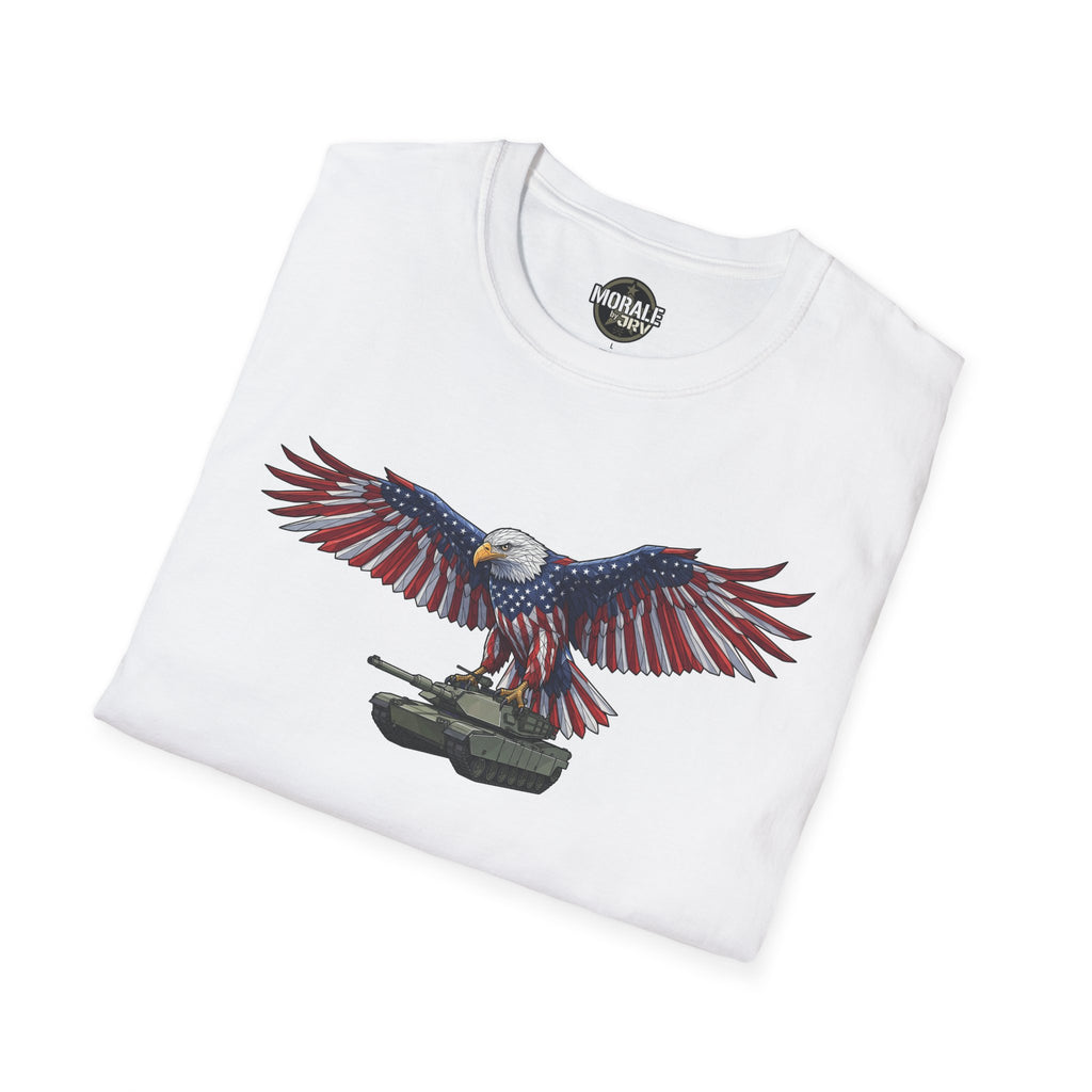 White tee front: bald eagle wings over tank graphic with stars and stripes