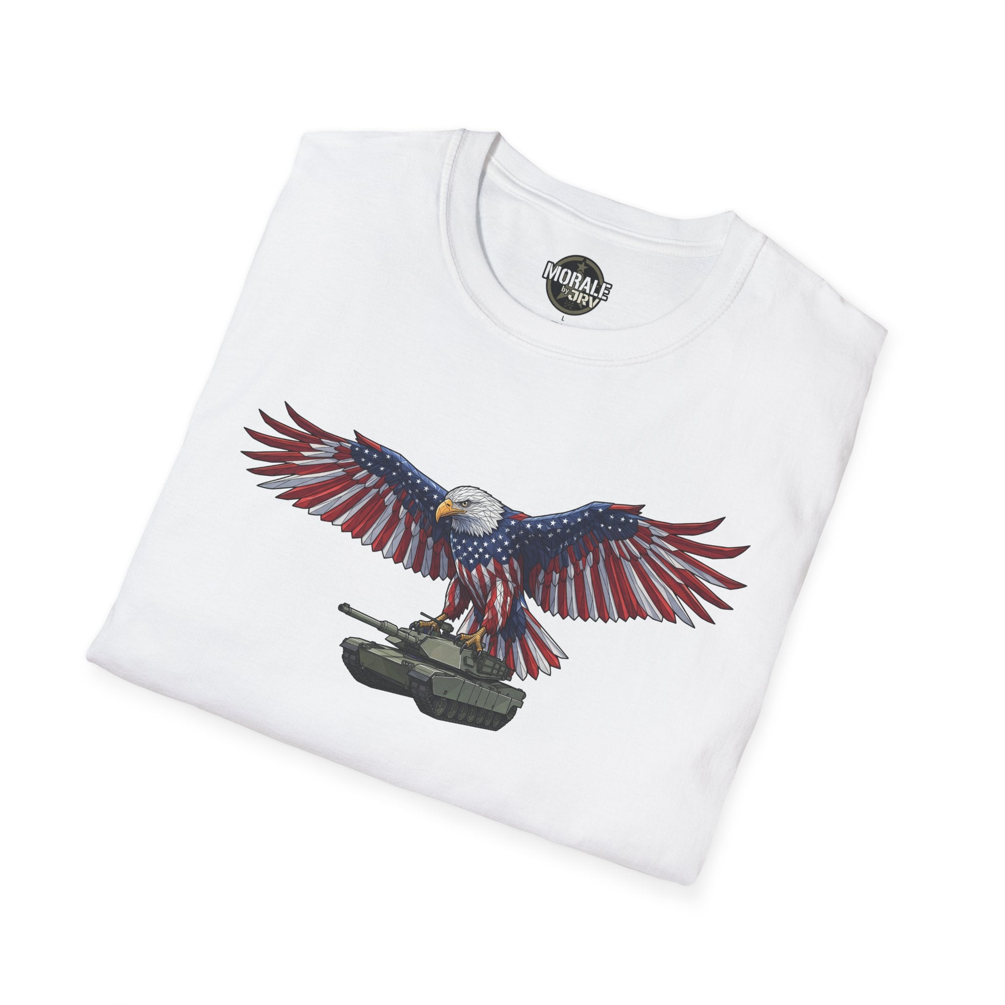 White tee front: bald eagle wings over tank graphic with stars and stripes