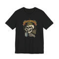 Black T-shirt with skull holding coffee mug graphic in green and gold