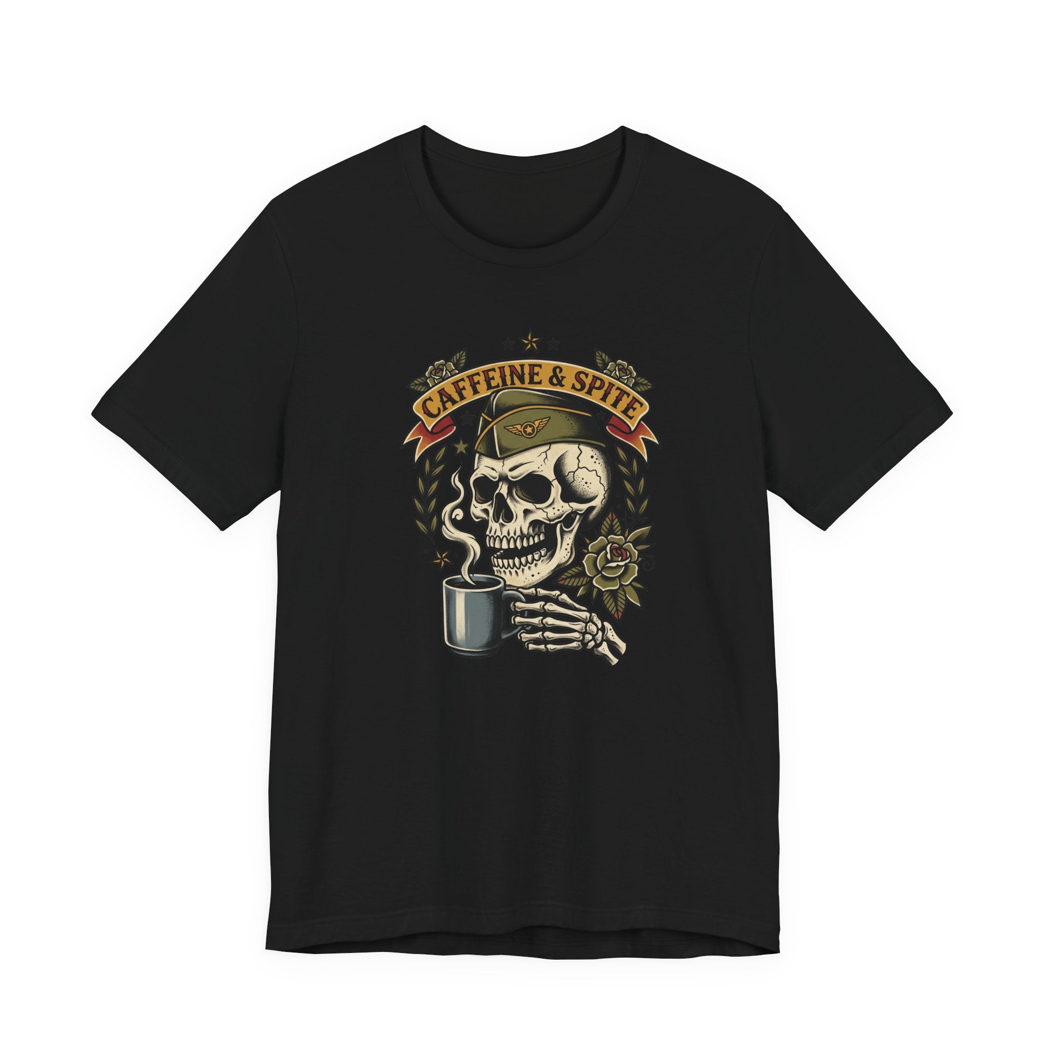 Black T-shirt with skull holding coffee mug graphic in green and gold