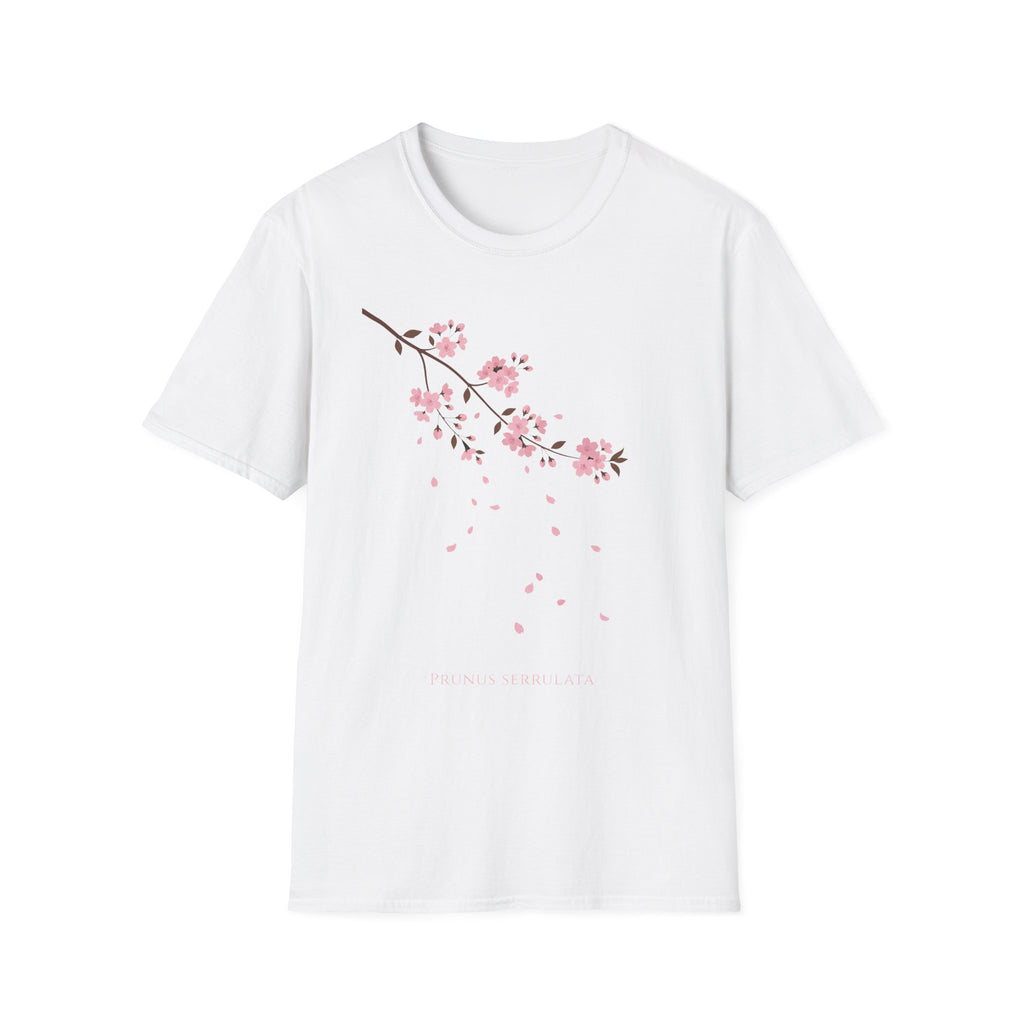 Cherry Blossom Branch T-Shirt, white with pink sakura branch and falling petals print