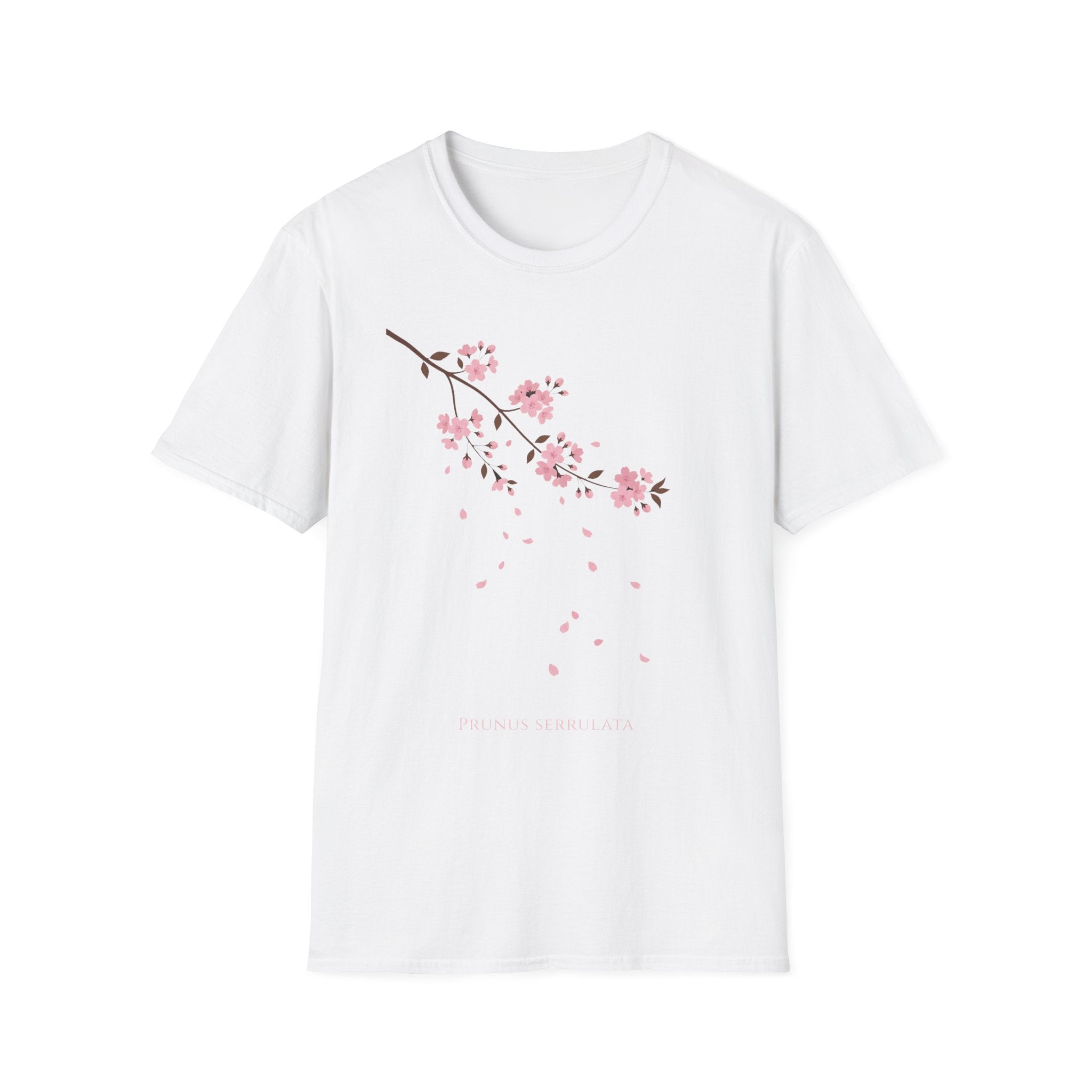 Cherry Blossom Branch T-Shirt, white with pink sakura branch and falling petals print