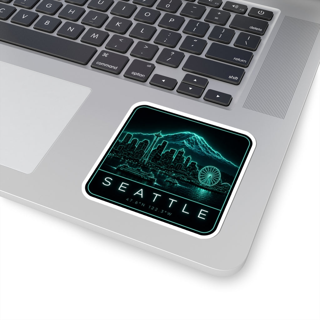 Square neon teal Seattle skyline sticker with mountain and ferris wheel, SEATTLE text