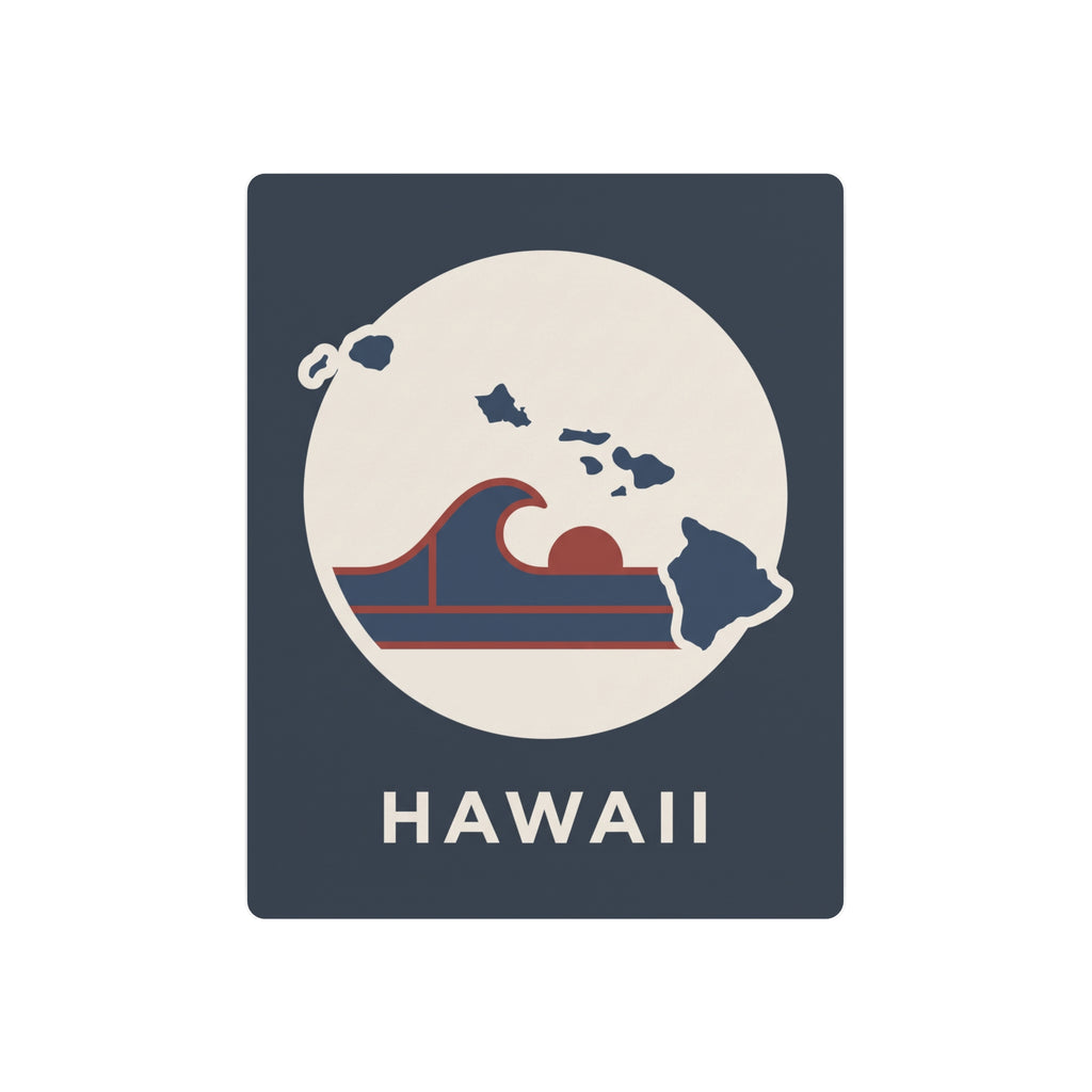 Dark blue Hawaii metal wall sign with circular map graphic, waves, and “HAWAII” text