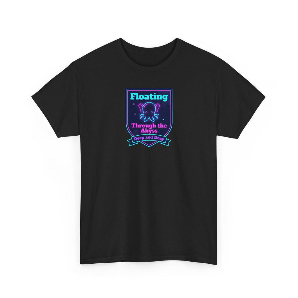 Black crewneck T-shirt with short sleeves and square “Floating Through the Abyss” graphic