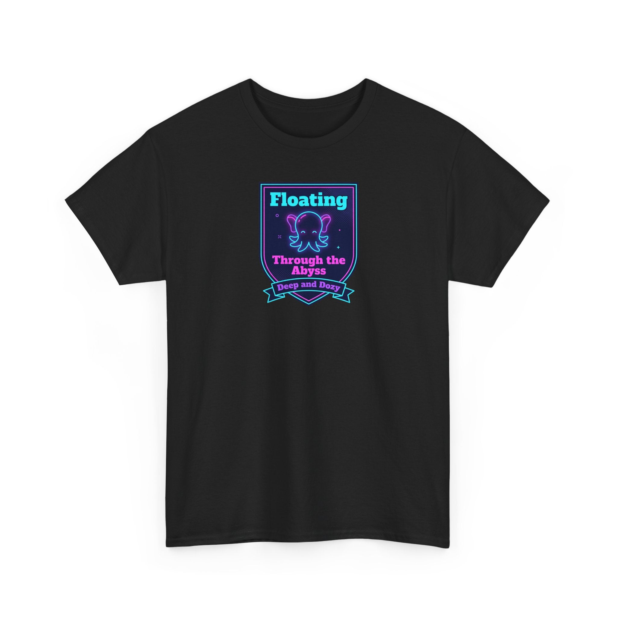 Black crewneck T-shirt with short sleeves and square “Floating Through the Abyss” graphic